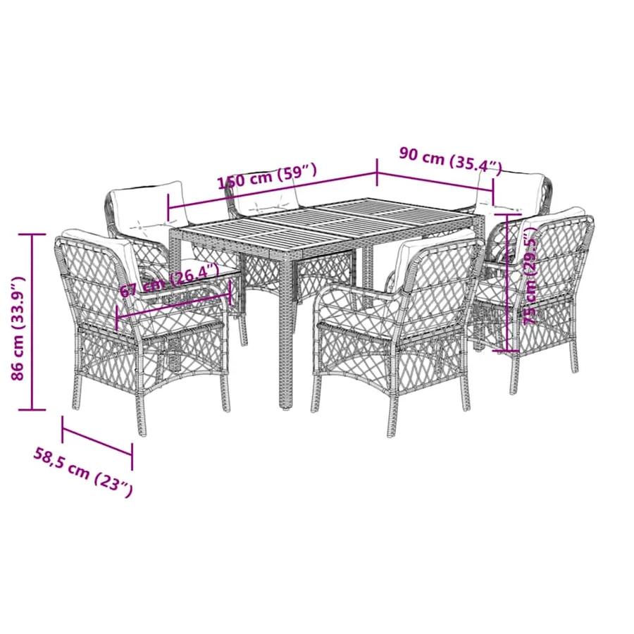Ensemble à manger de jardin coussins 7pcs Noir Résine tressée - 7