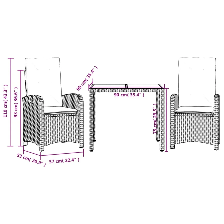 Ensemble à manger de jardin avec coussins 3 pcs Noir - 9