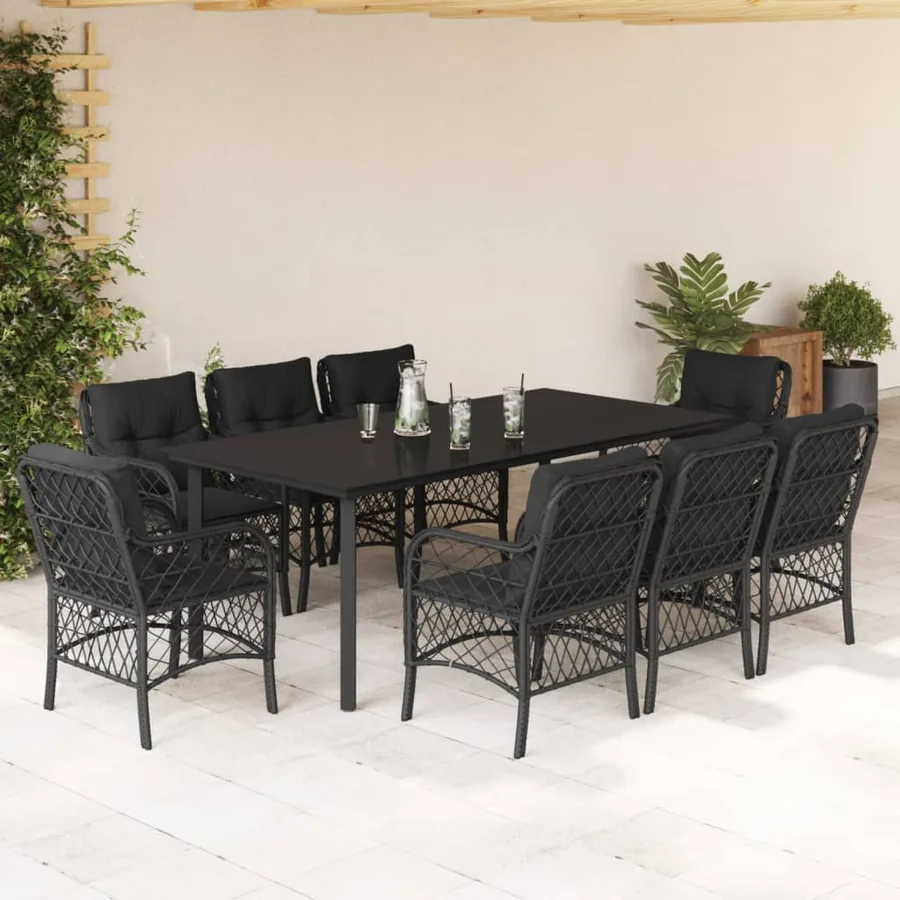 Ensemble à manger de jardin 9pcs coussins noir résine tressée