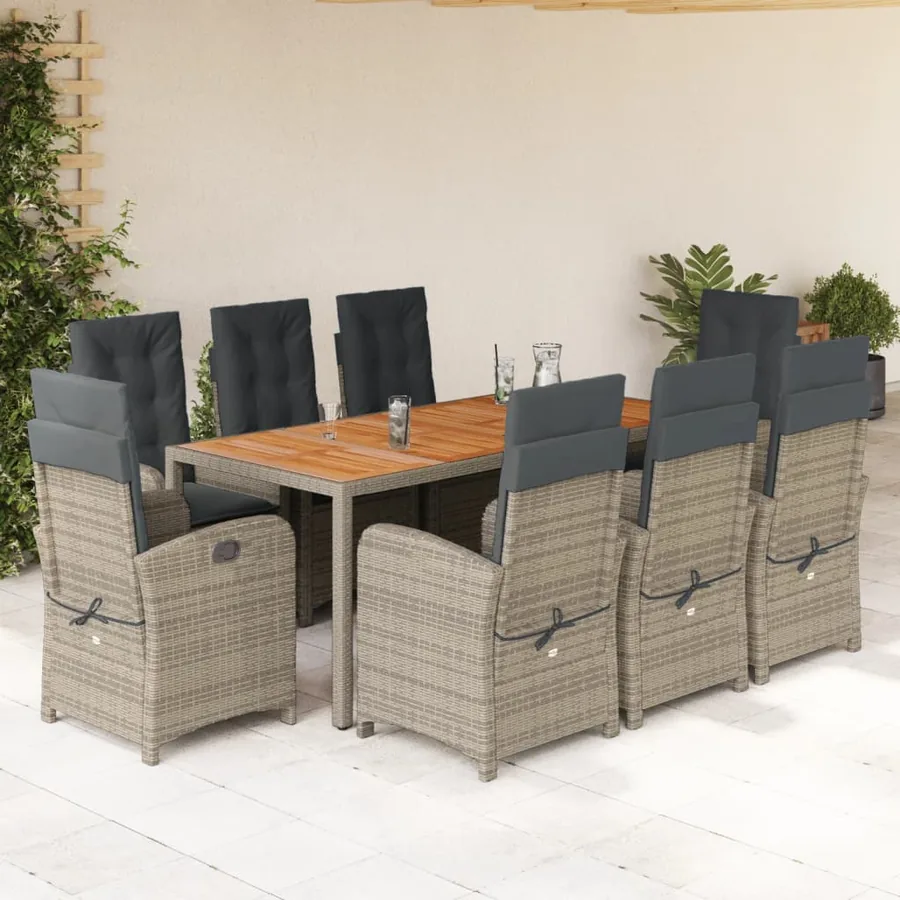 Ensemble à manger de jardin 9 pcs coussins gris résine tressée