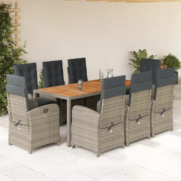 Ensemble à manger de jardin 9 pcs coussins gris résine tressée
