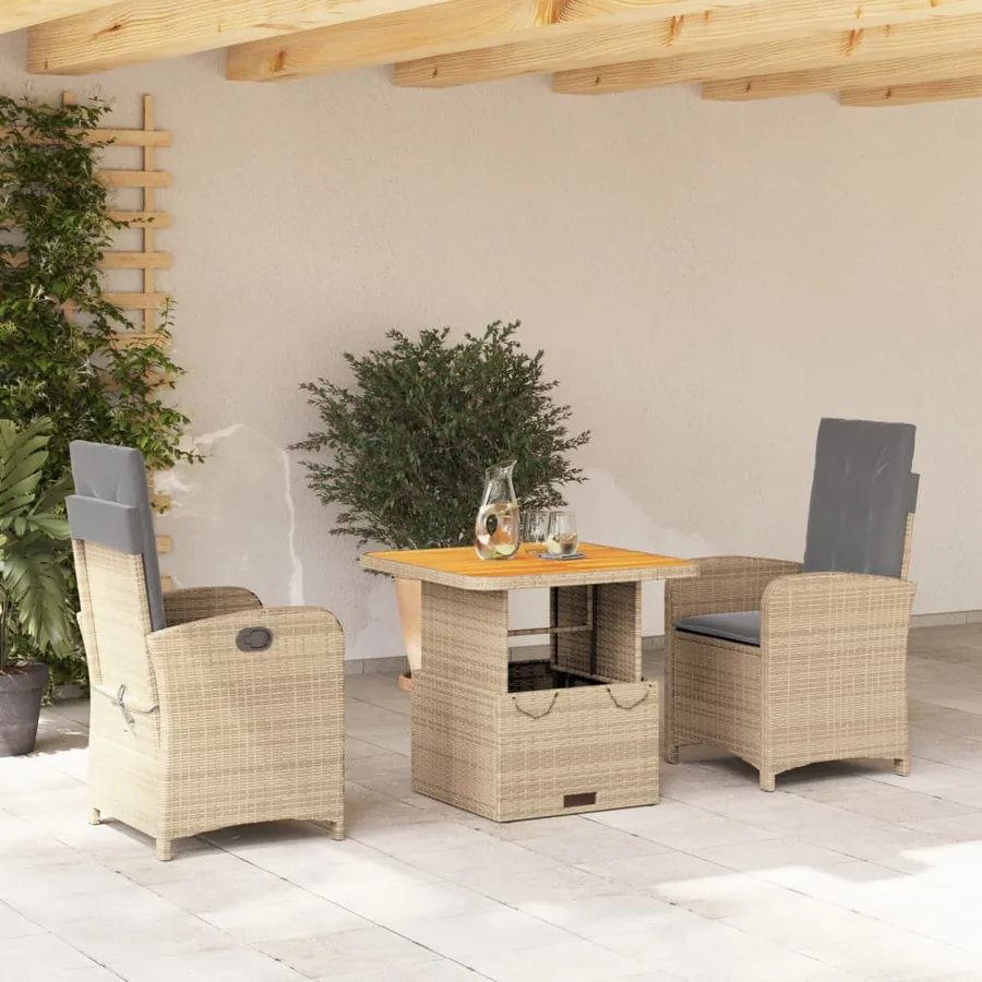 Ensemble à manger de jardin et coussins 3 pcs Beige poly rotin
