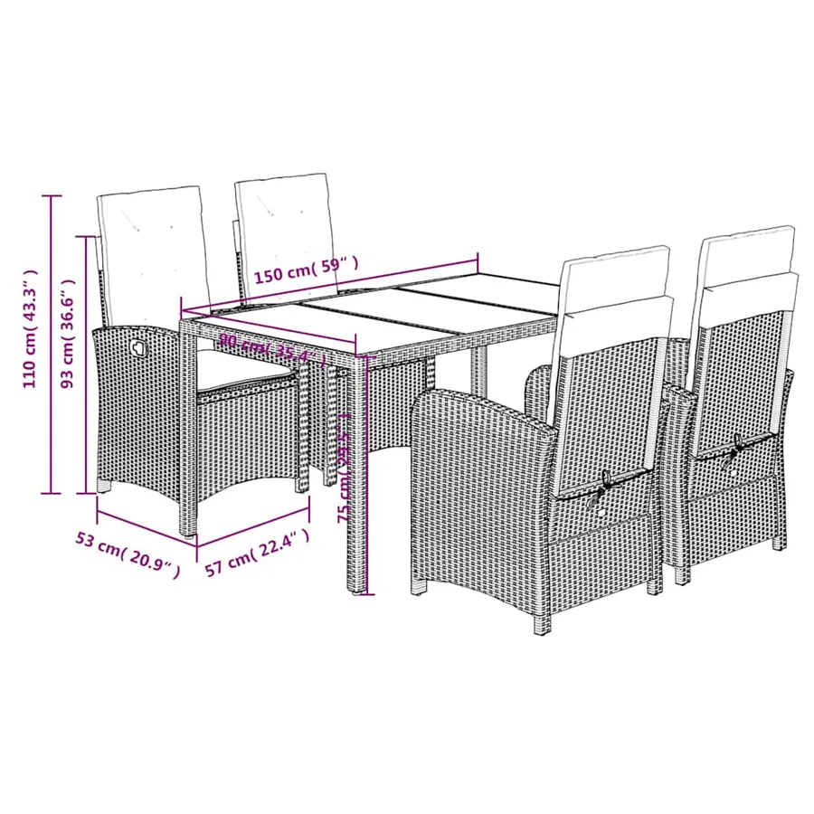 Ensemble à manger de jardin coussins 5pcs Noir Résine tressée - 9