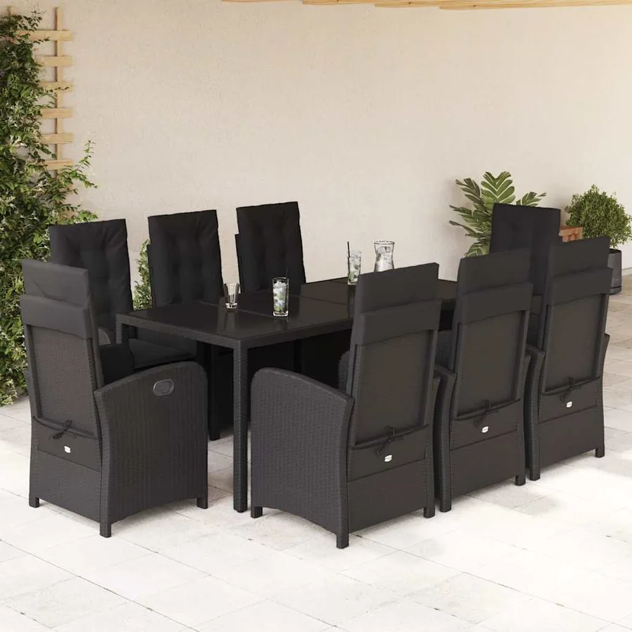 Ensemble à manger de jardin 9pcs coussins noir résine tressée