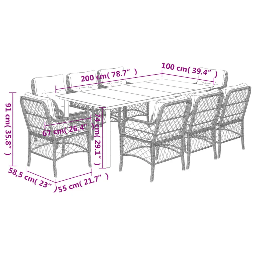 Ensemble à manger de jardin et coussins 9 pcs marron poly rotin - 7