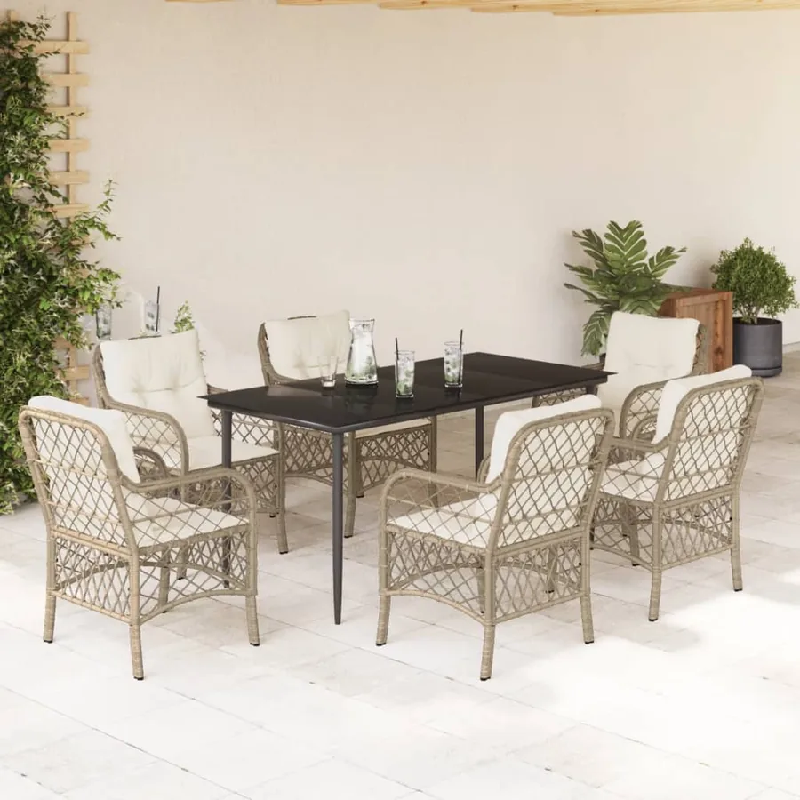 Ensemble à manger de jardin et coussins 7 pcs beige poly rotin