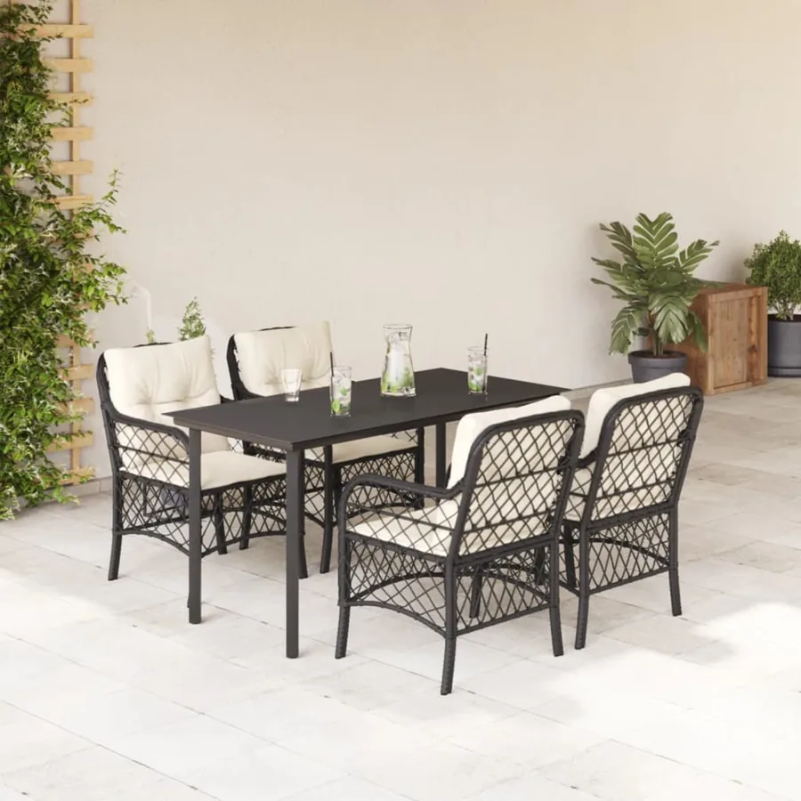 Ensemble à manger de jardin coussins 5pcs Noir Résine tressée