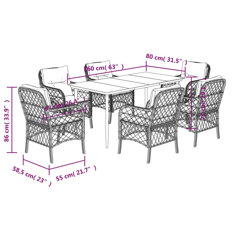 Ensemble à manger de jardin et coussins 7 pcs gris rotin - 7