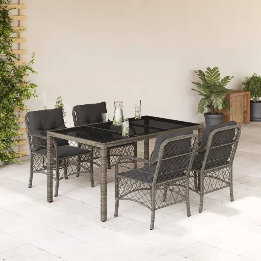 Ensemble à manger de jardin 5 pcs coussins gris résine tressée