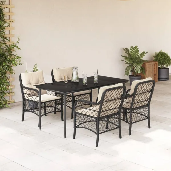 Ensemble à manger de jardin coussins 5pcs Noir Résine tressée