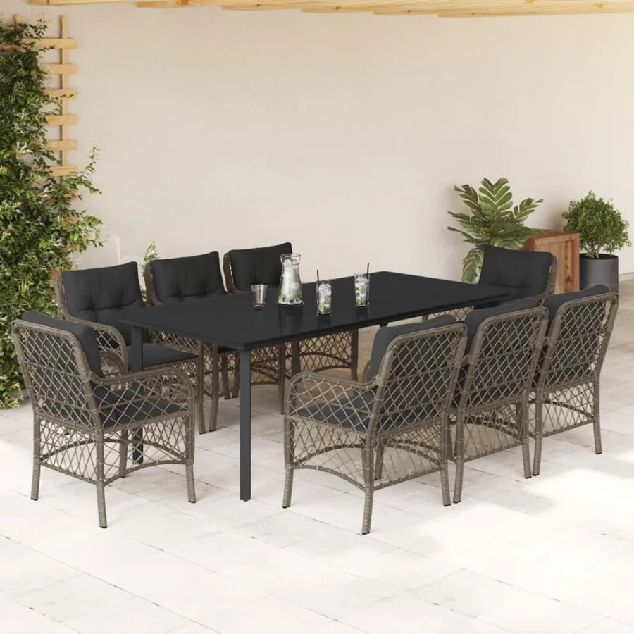 Ensemble à manger de jardin 9 pcs coussins gris résine tressée