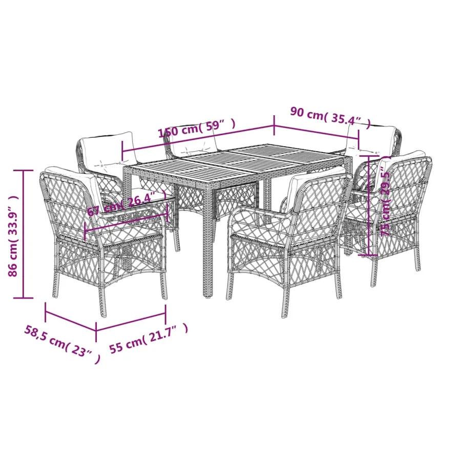 Ensemble à manger de jardin et coussins 7 pcs gris rotin - 7