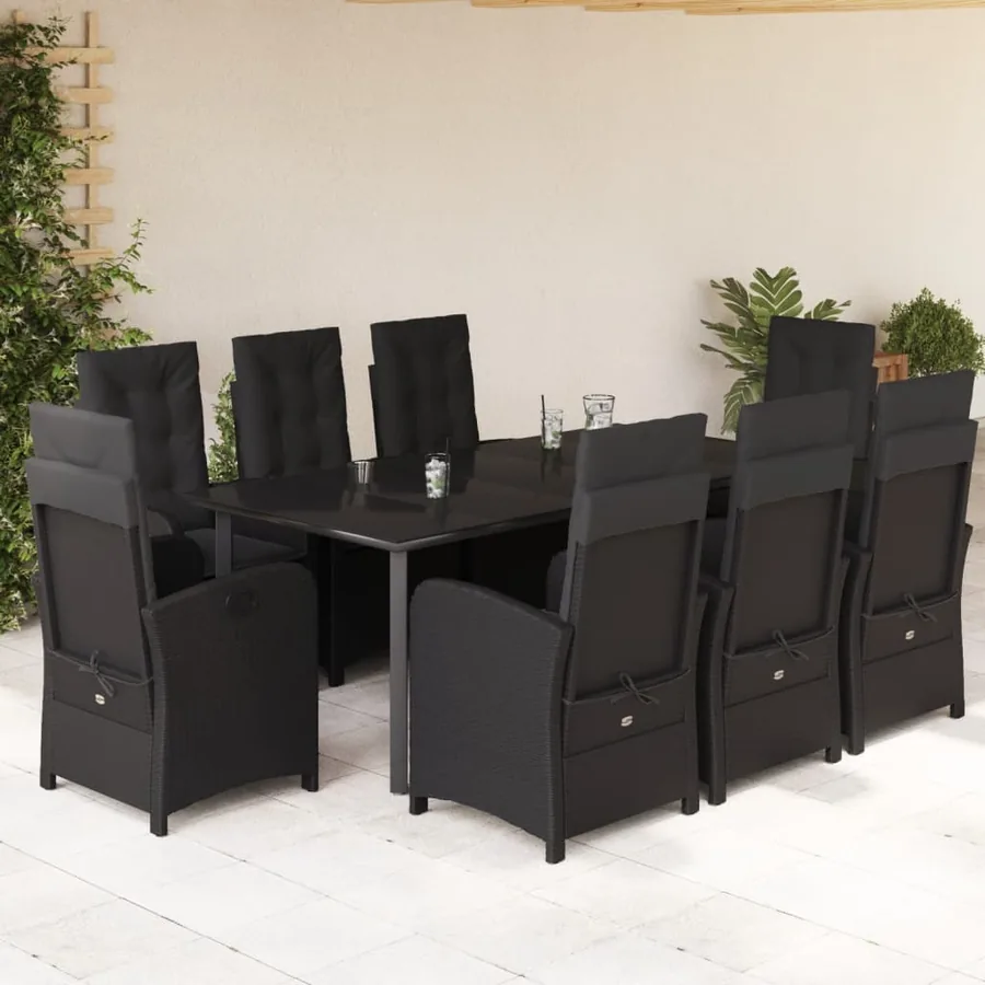 Ensemble à manger de jardin 9pcs coussins noir résine tressée
