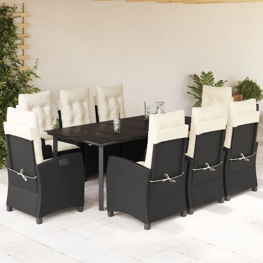 Ensemble à manger de jardin 9pcs coussins noir résine tressée