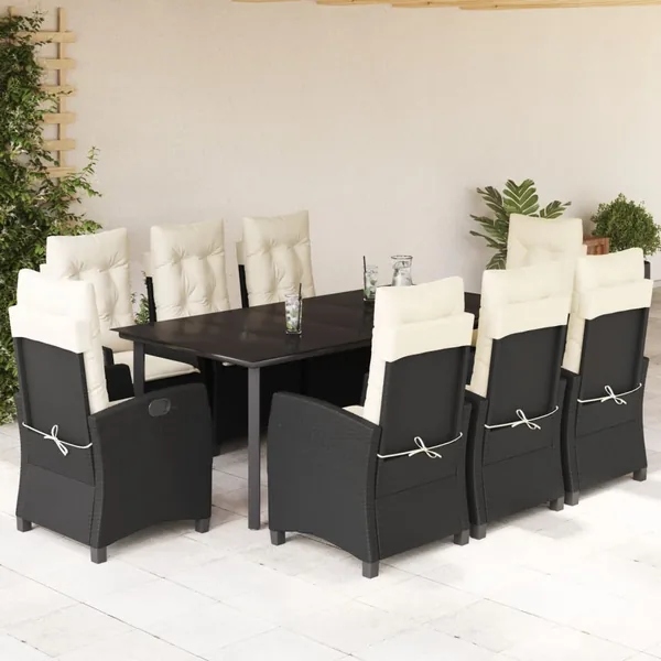 Ensemble à manger de jardin 9pcs coussins noir résine tressée