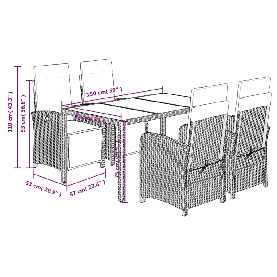 Ensemble à manger de jardin coussins 5pcs Noir Résine tressée - 9