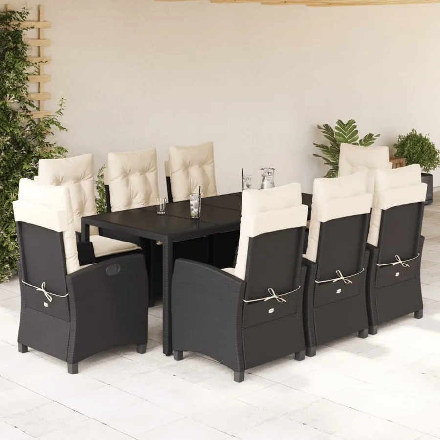Ensemble à manger de jardin 9pcs coussins noir résine tressée