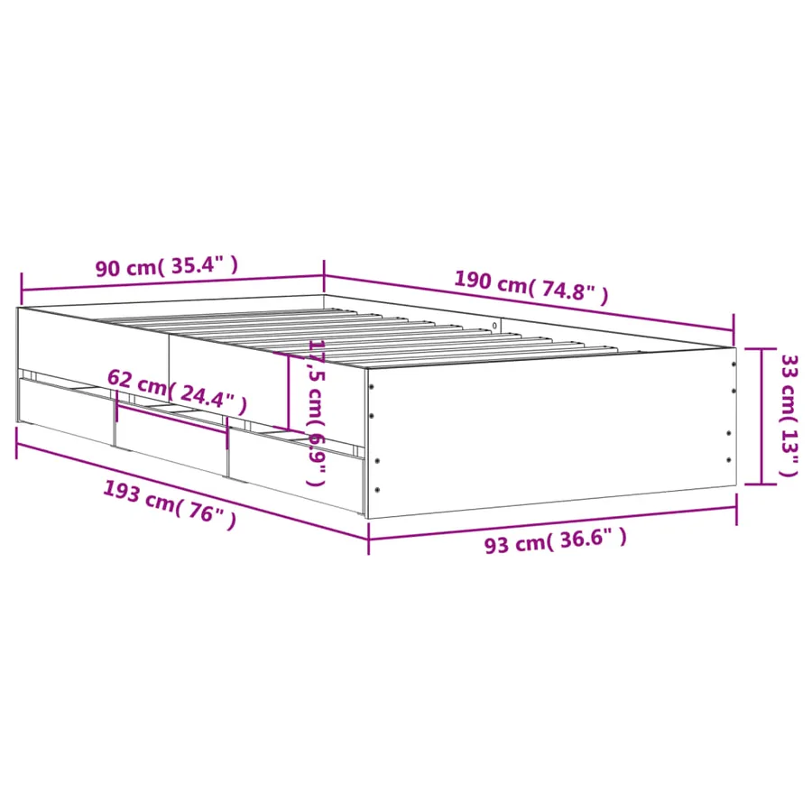 Cadre de lit avec tiroirs sans matelas chêne marron 90x190 cm - 11