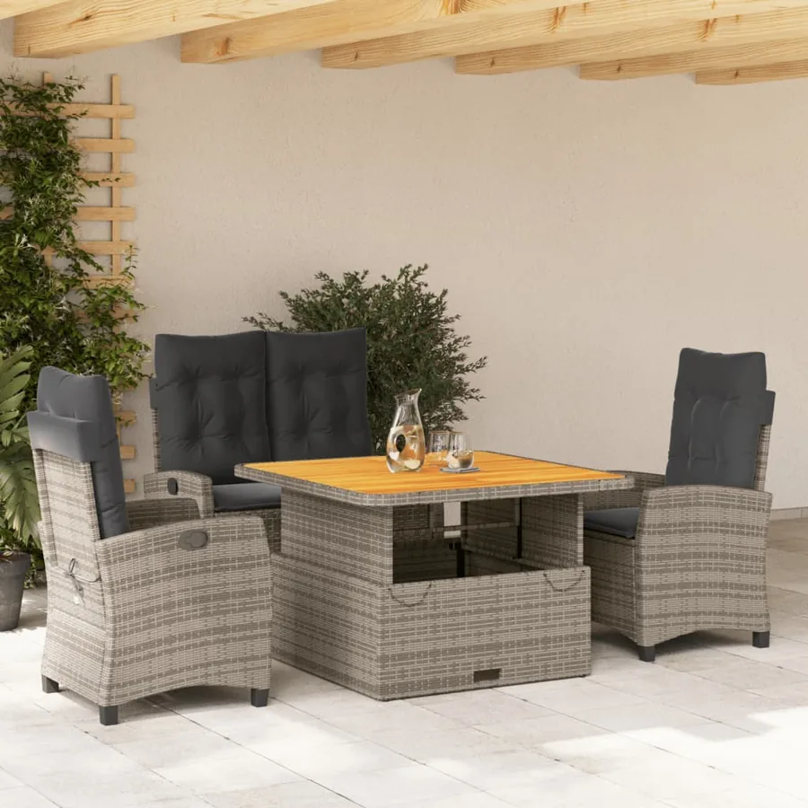 Ensemble à manger jardin 4pcs et coussins Gris Résine tressée