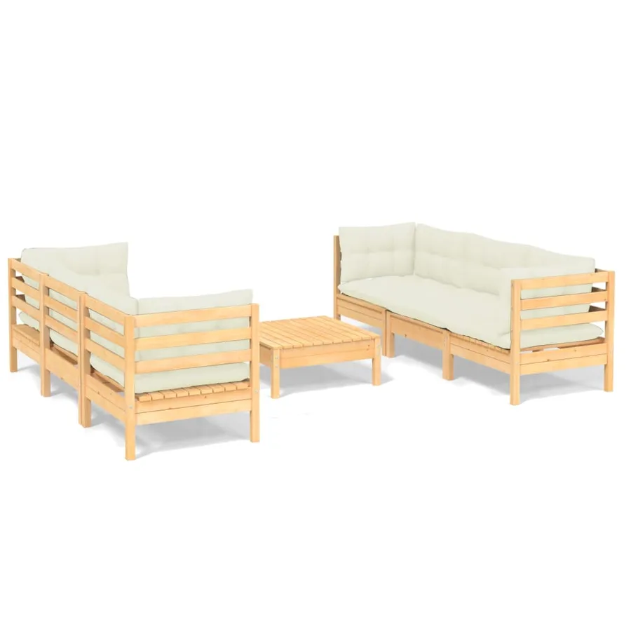 Salon de jardin 7 pcs avec coussins crème bois de pin - 2