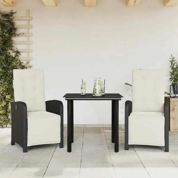 Ensemble de bistro 3 pcs avec coussins noir résine tressée