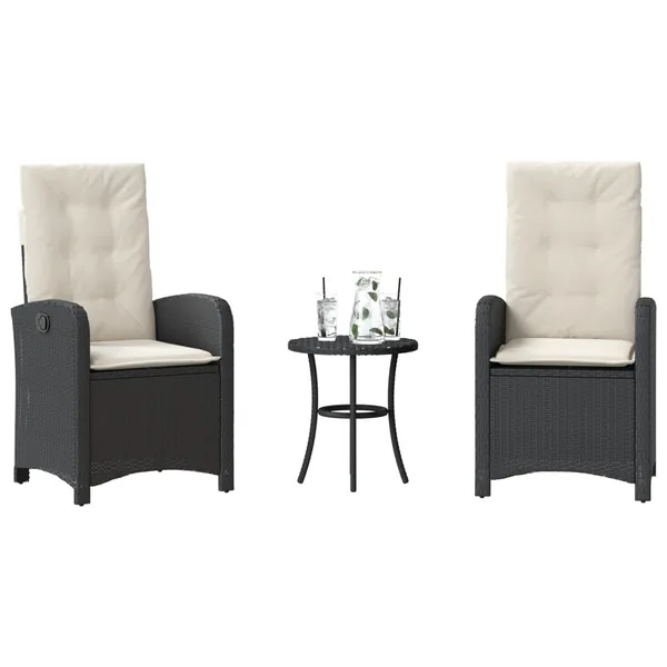 Ensemble de bistro 3 pcs avec coussins noir résine tressée