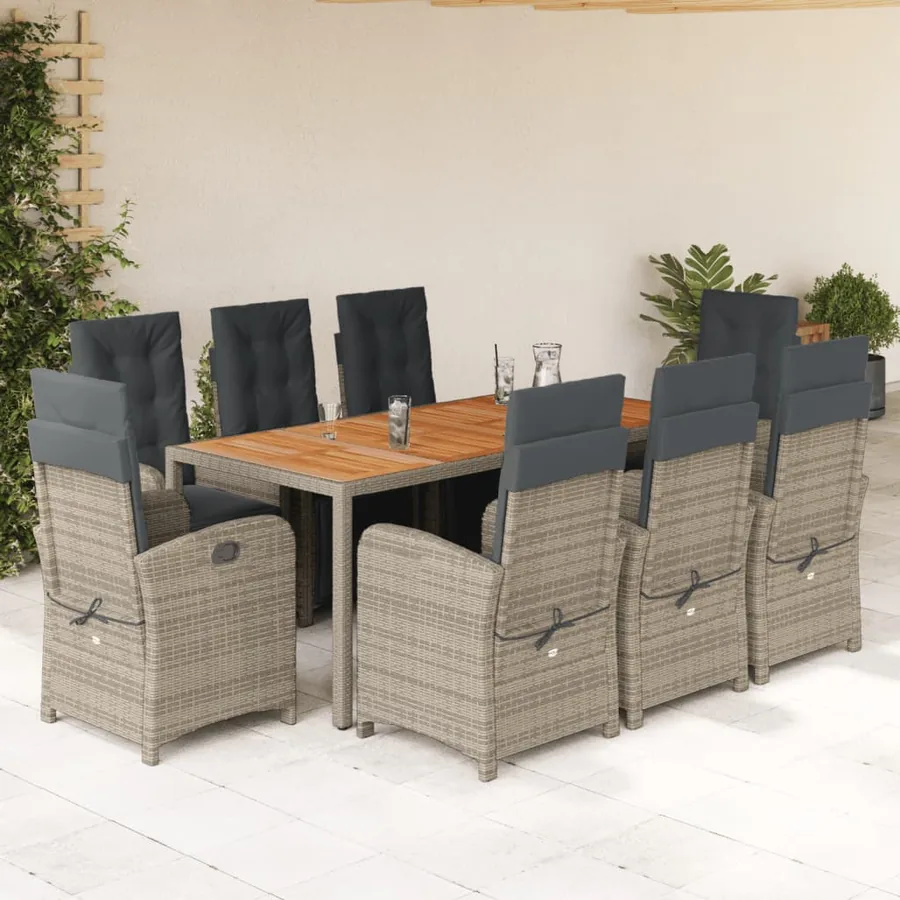 Ensemble à manger de jardin 9 pcs coussins gris résine tressée