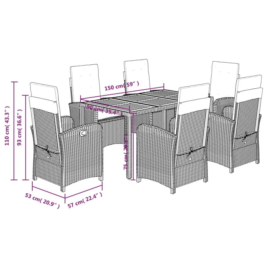 Ensemble à manger de jardin et coussins 7 pcs gris rotin - 12