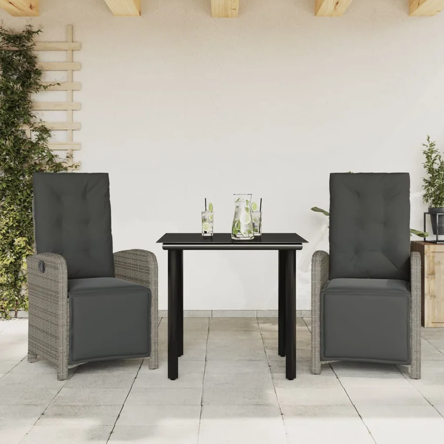 Ensemble de bistro 3 pcs avec coussins gris résine tressée