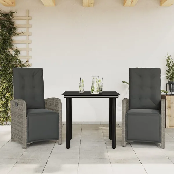 Ensemble de bistro 3 pcs avec coussins gris résine tressée