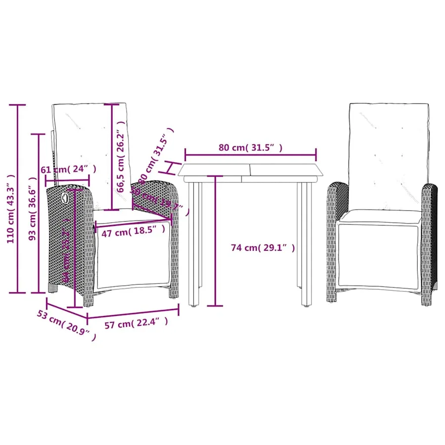 Ensemble de bistro 3 pcs avec coussins gris résine tressée - 9