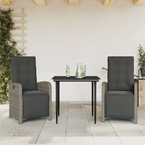 Ensemble de bistro 3 pcs avec coussins gris résine tressée