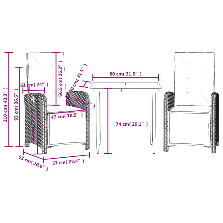 Ensemble de bistro 3 pcs avec coussins gris résine tressée - 9