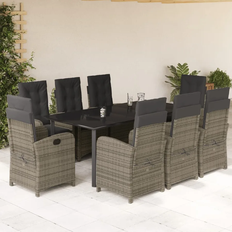 Ensemble à manger de jardin 9 pcs coussins gris résine tressée
