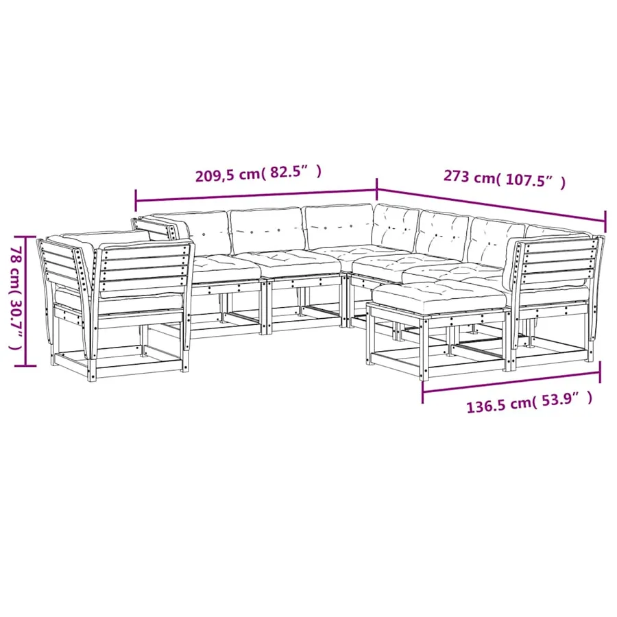 Salon de jardin 8 pcs avec coussins Bois de pin massif - 10