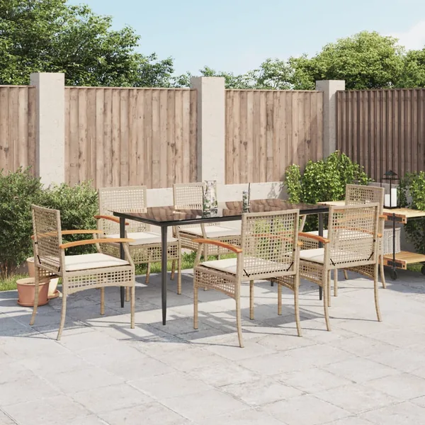 Ensemble à manger de jardin et coussins 7 pcs beige poly rotin