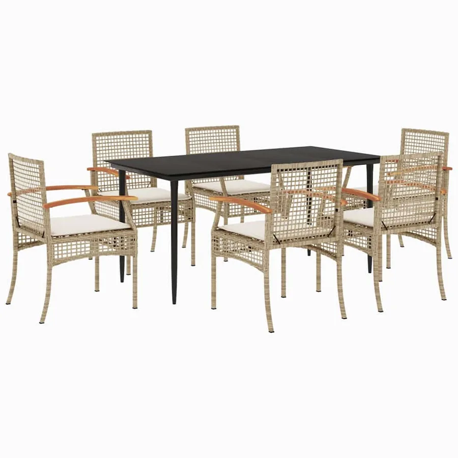 Ensemble à manger de jardin et coussins 7 pcs beige poly rotin - 2