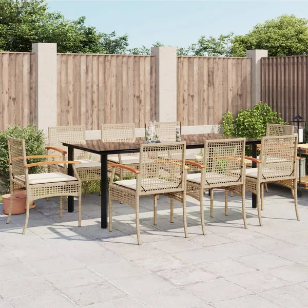 Ensemble à manger de jardin et coussins 9 pcs beige Poly rotin