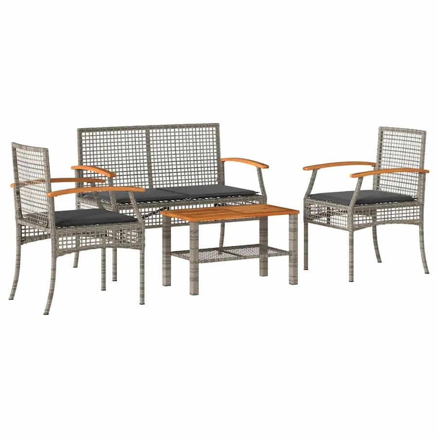 Salon de jardin 4 pcs avec coussins Gris Résine tressée - 2