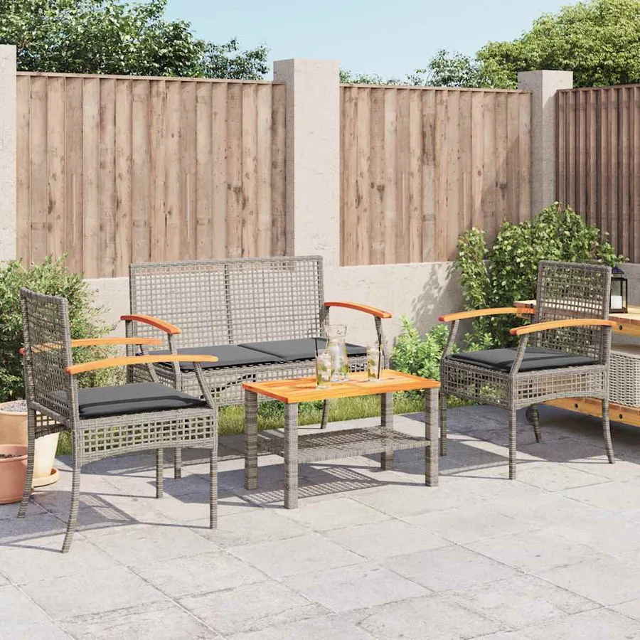 Salon de jardin 4 pcs avec coussins Gris Résine tressée - 3