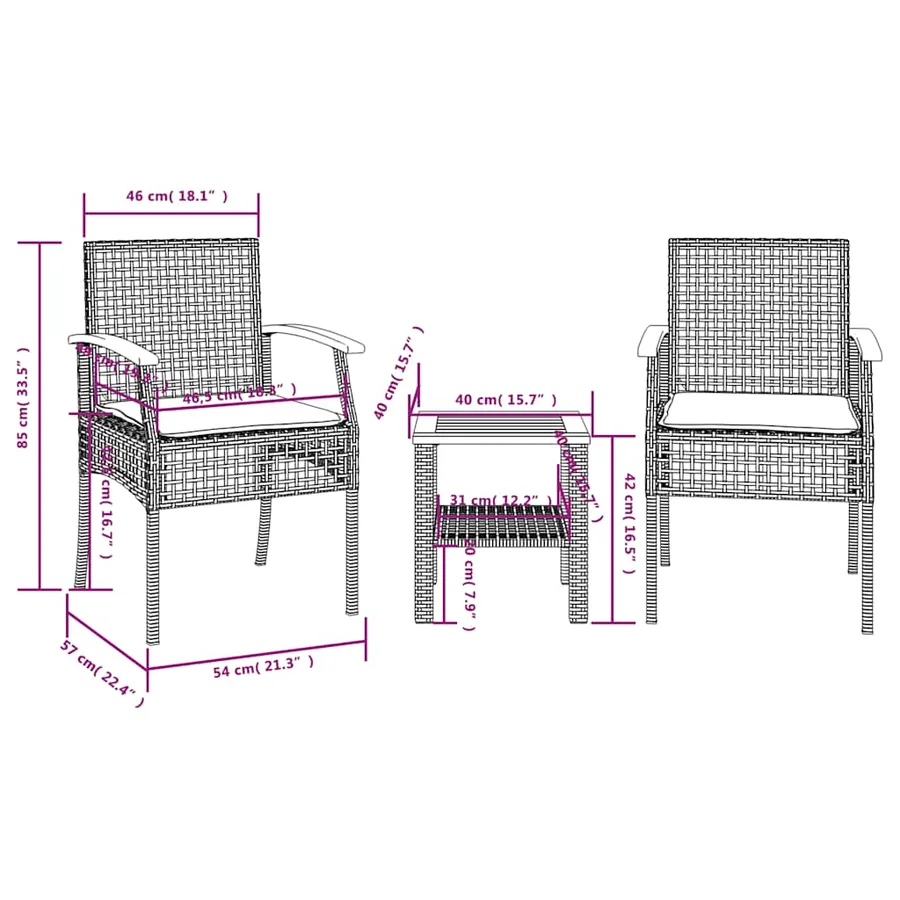 Ensemble de bistro 3 pcs et coussins noir résine tressée acacia - 15
