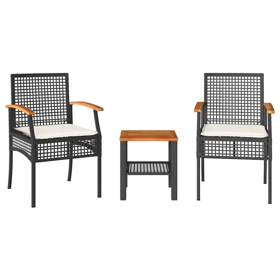 Ensemble de bistro 3 pcs et coussins noir résine tressée acacia - 2