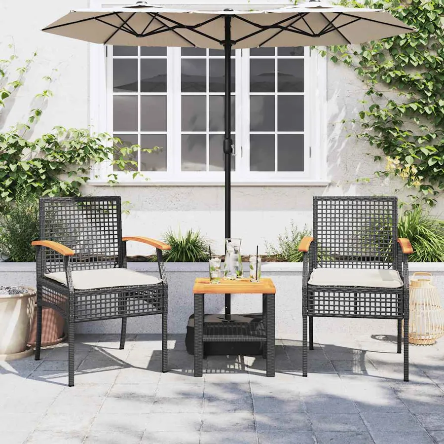 Ensemble de bistro 3 pcs et coussins noir résine tressée acacia - 3
