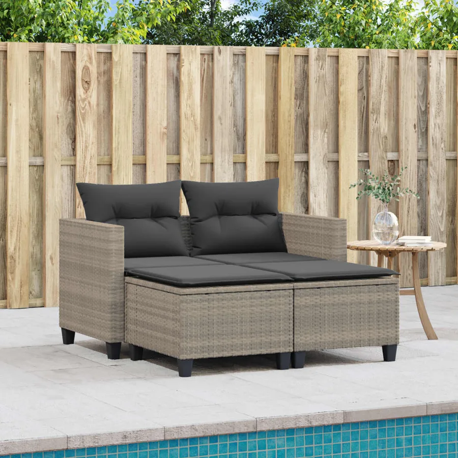 Canapé de jardin 2 places avec tabourets gris clair poly rotin - 3