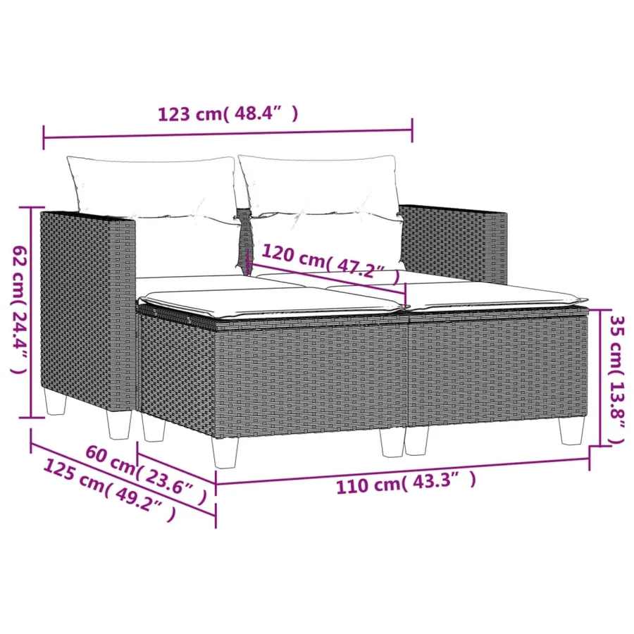 Canapé de jardin 2 places avec tabourets gris clair poly rotin - 9