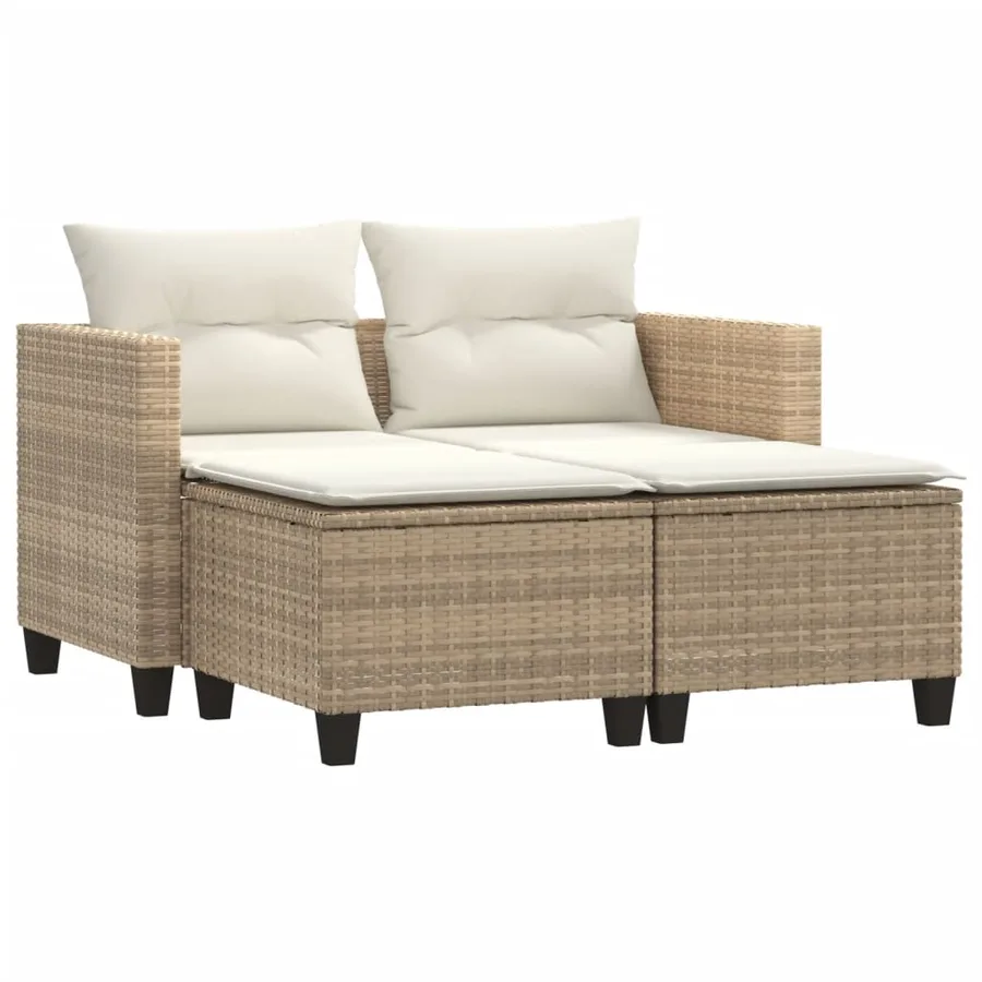 Canapé de jardin 2 places avec tabourets beige résine tressée - 2