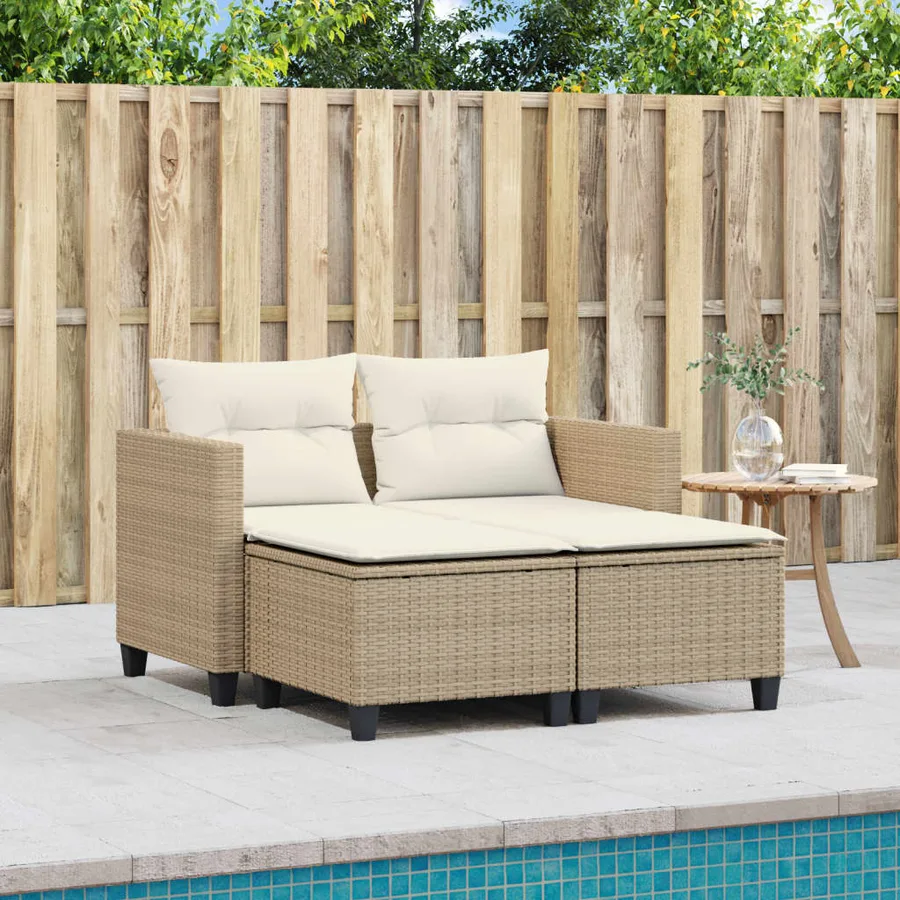 Canapé de jardin 2 places avec tabourets beige résine tressée - 3