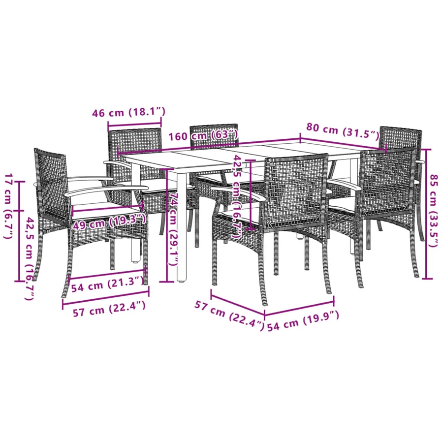 Ensemble à manger de jardin et coussins 7 pcs gris rotin - 7