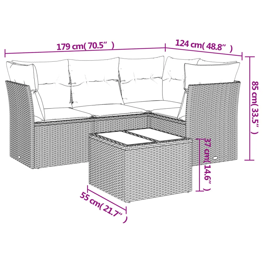 Salon de jardin 5 pcs avec coussins gris résine tressée - 3