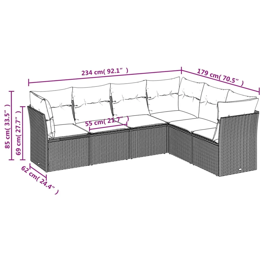 Salon de jardin 6 pcs avec coussins gris résine tressée - 3